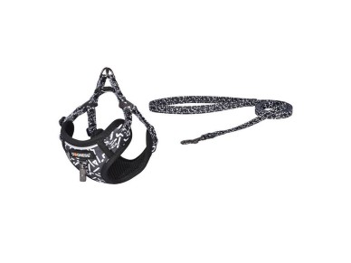 Dogness walking set leash 1,5m+harness for dog (black and white)