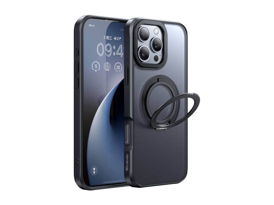 Funda McDodo PC-4933 MagSafe para iPhone 16 Pro Max con soporte (negra)