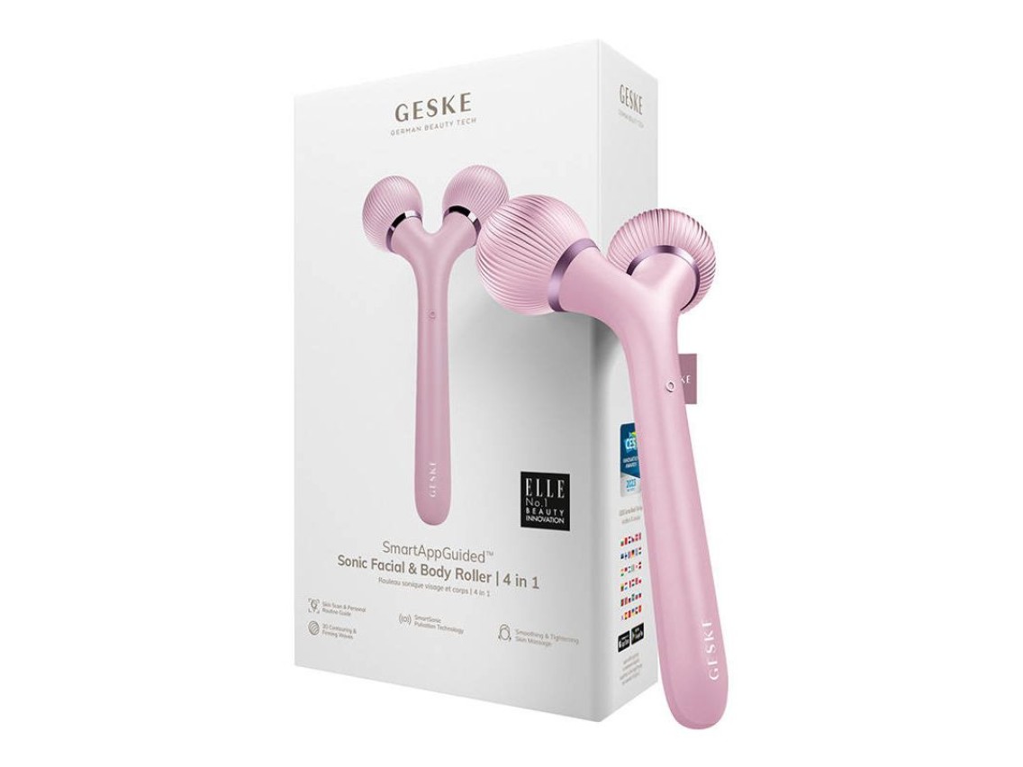 Rodillo snico facial y corporal 4 en 1 Geske con aplicacin (rosa)
