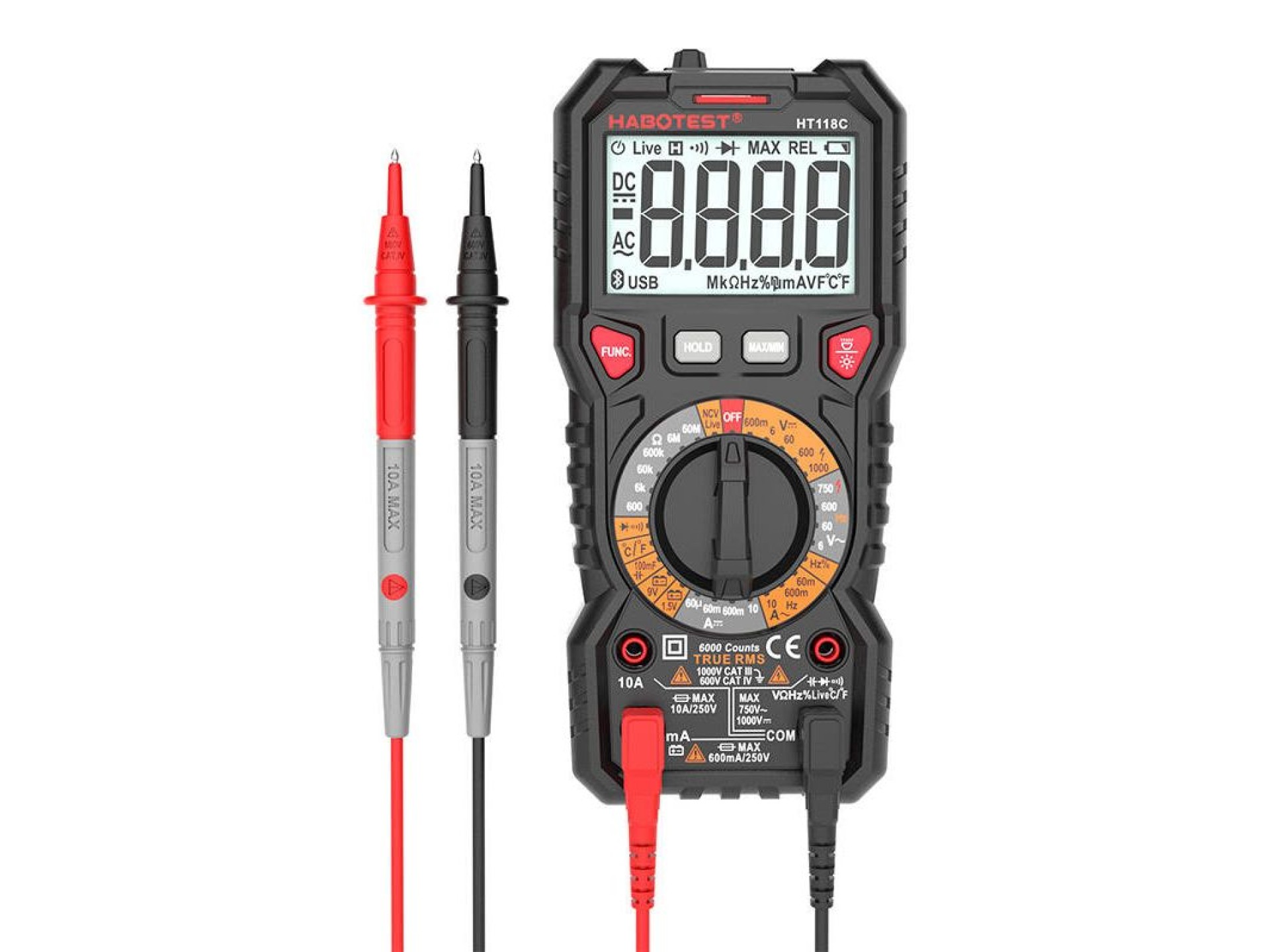Multímetro digital com lanterna Habotest HT118C, True RMS, NCV, teste de bateria