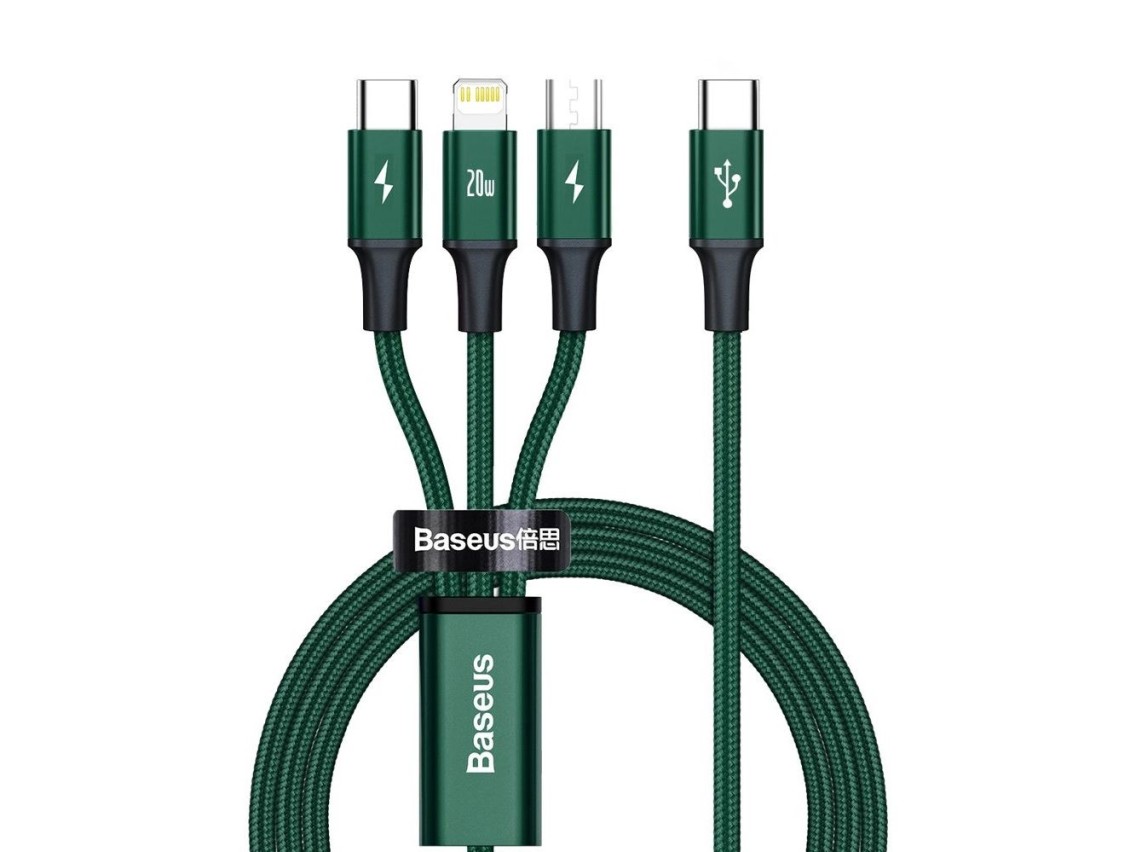 Baseus Rapid Series 3in1 USB-C - USB-C / Lightning / micro USB cable 20W PD 1.5m - green
