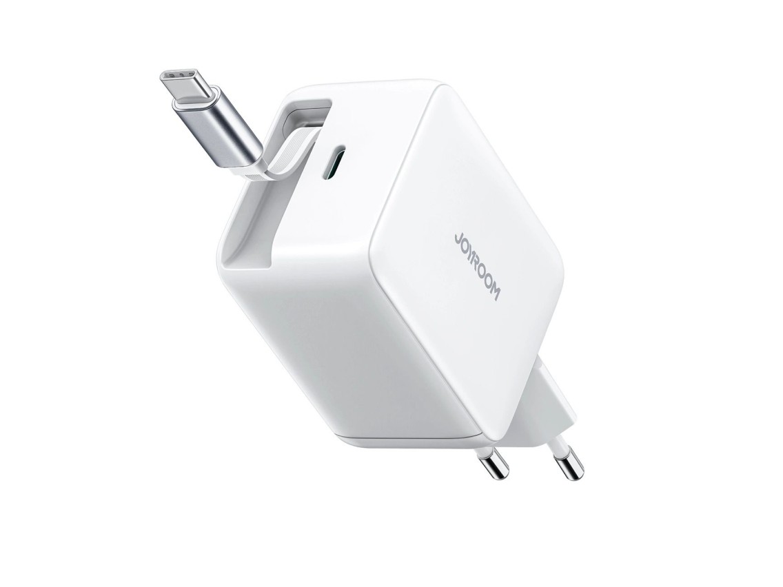 Cargador de pared Joyroom JR-TCL06 de 67 W GaN con cable USB-C retrctil integrado - Blanco