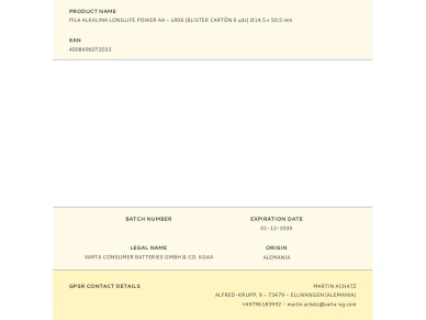 Pila alkalina longlife power aa - lr06 (blister cartn 6 uds) 14,5 x 50,5 mm