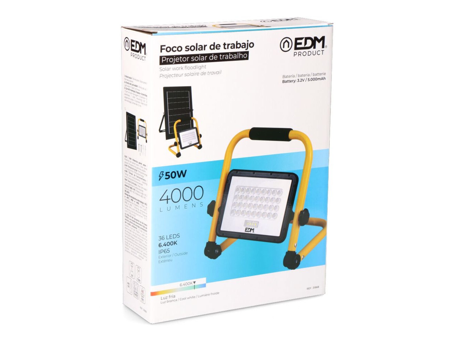 Luz de trabalho led solar + painel solar 4000 lm, 6.400 k, luz fria, ip65
