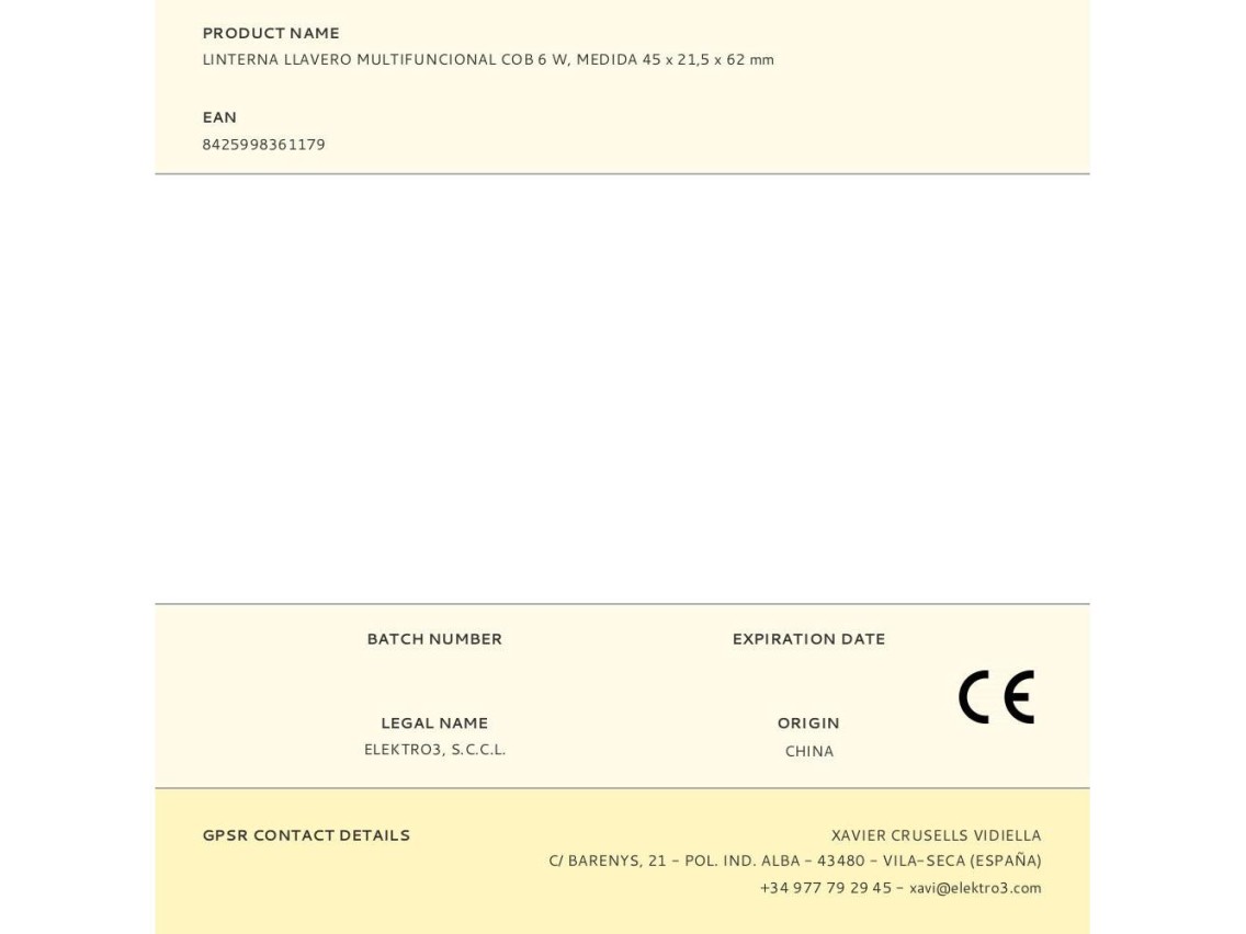 Lanterna porta-chaves multifuncional cob 6 w, tamanho 45 x 21,5 x 62 mm