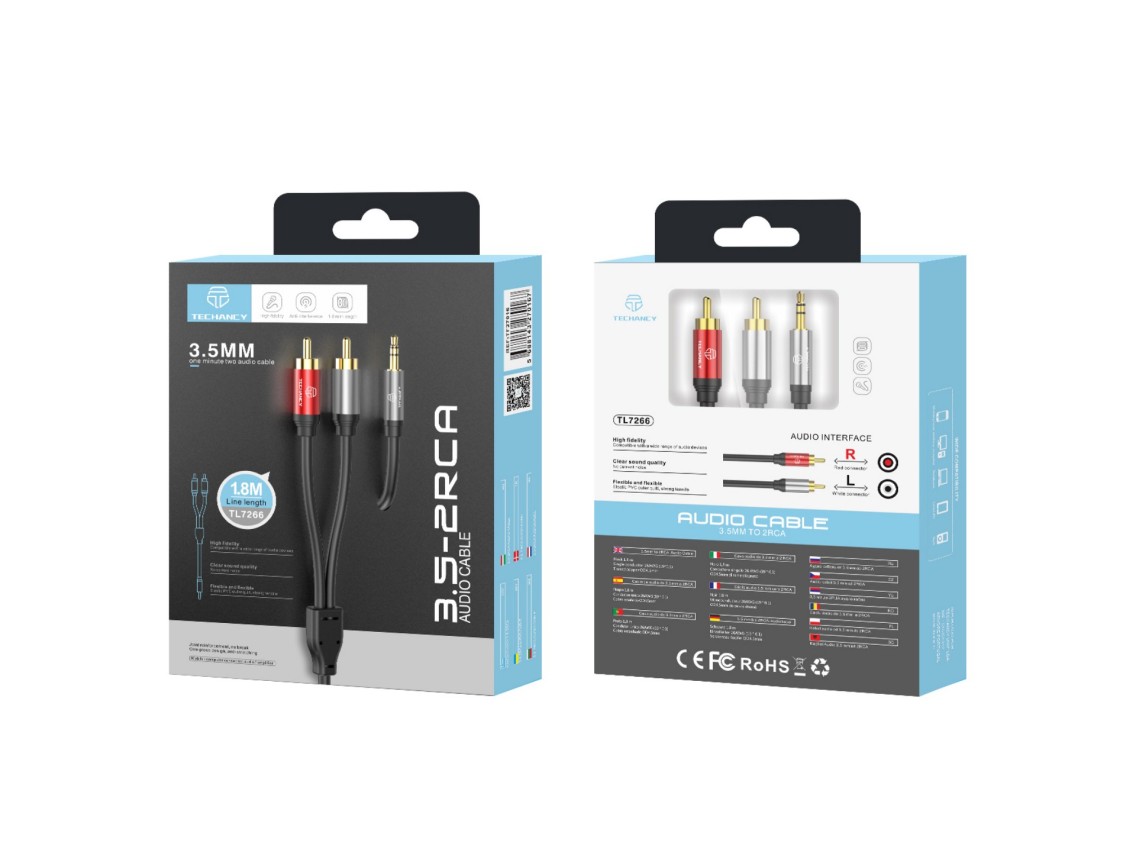 Cabo de áudio Techancy de 3,5 mm para 2 RCA, 1,8 m, TL7266, preto