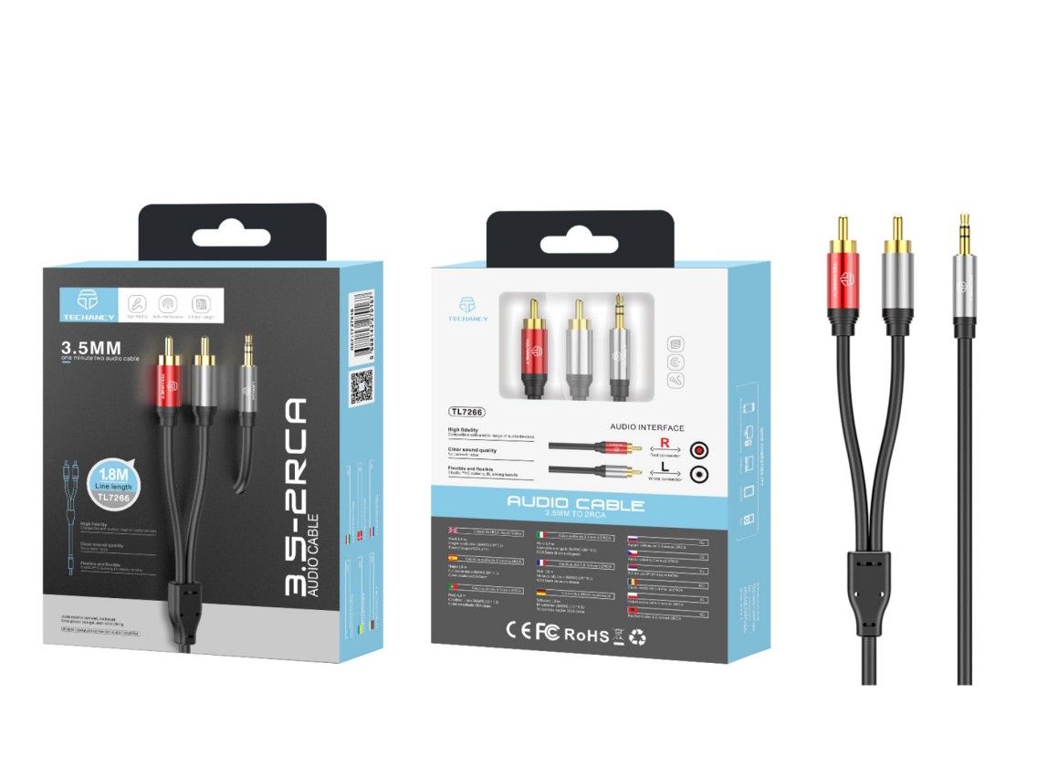 Cabo de áudio Techancy de 3,5 mm para 2 RCA, 1,8 m, TL7266, preto