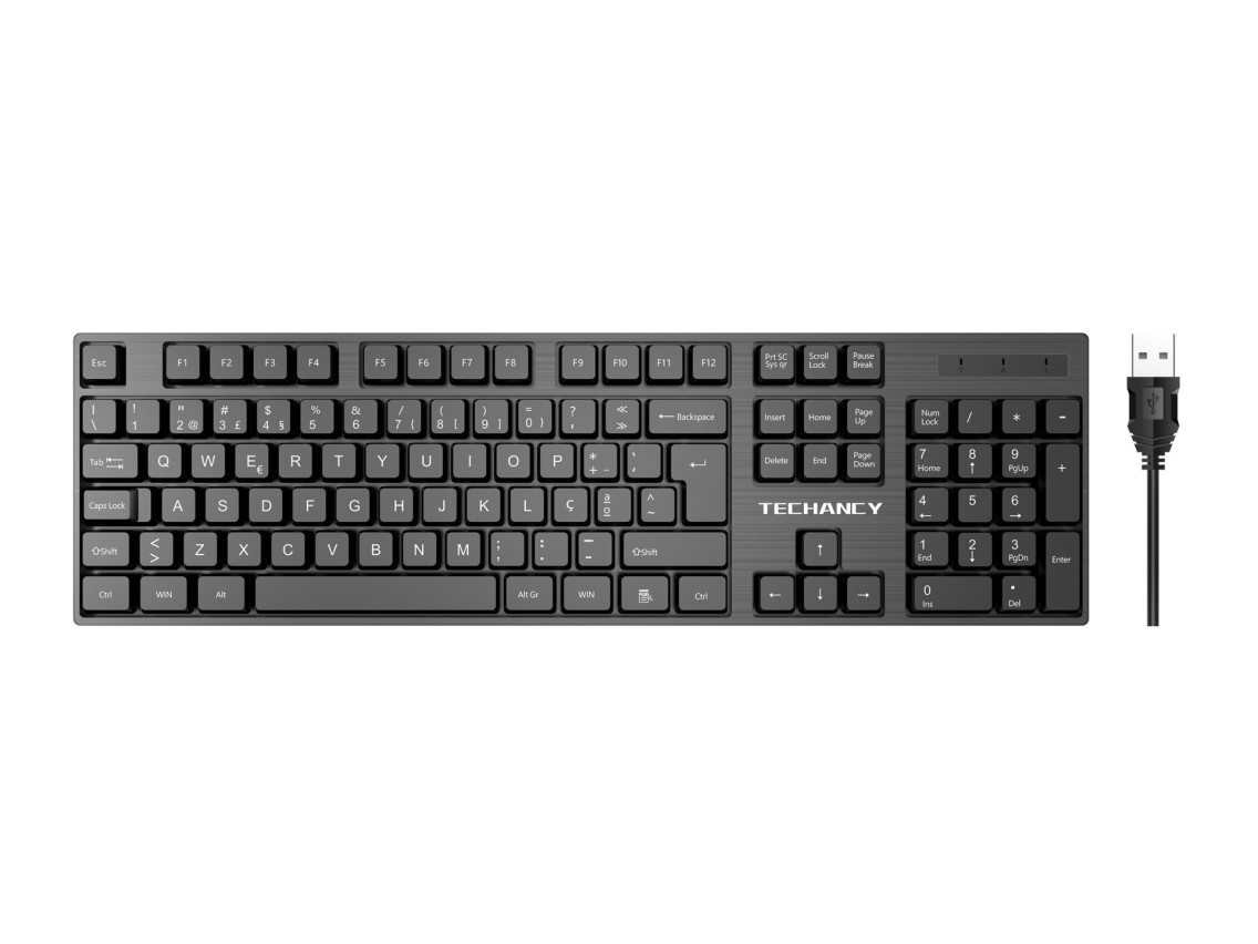 Techancy TK1265 Full-Size Wired USB Keyboard, English + Portuguese Input Keys, Black