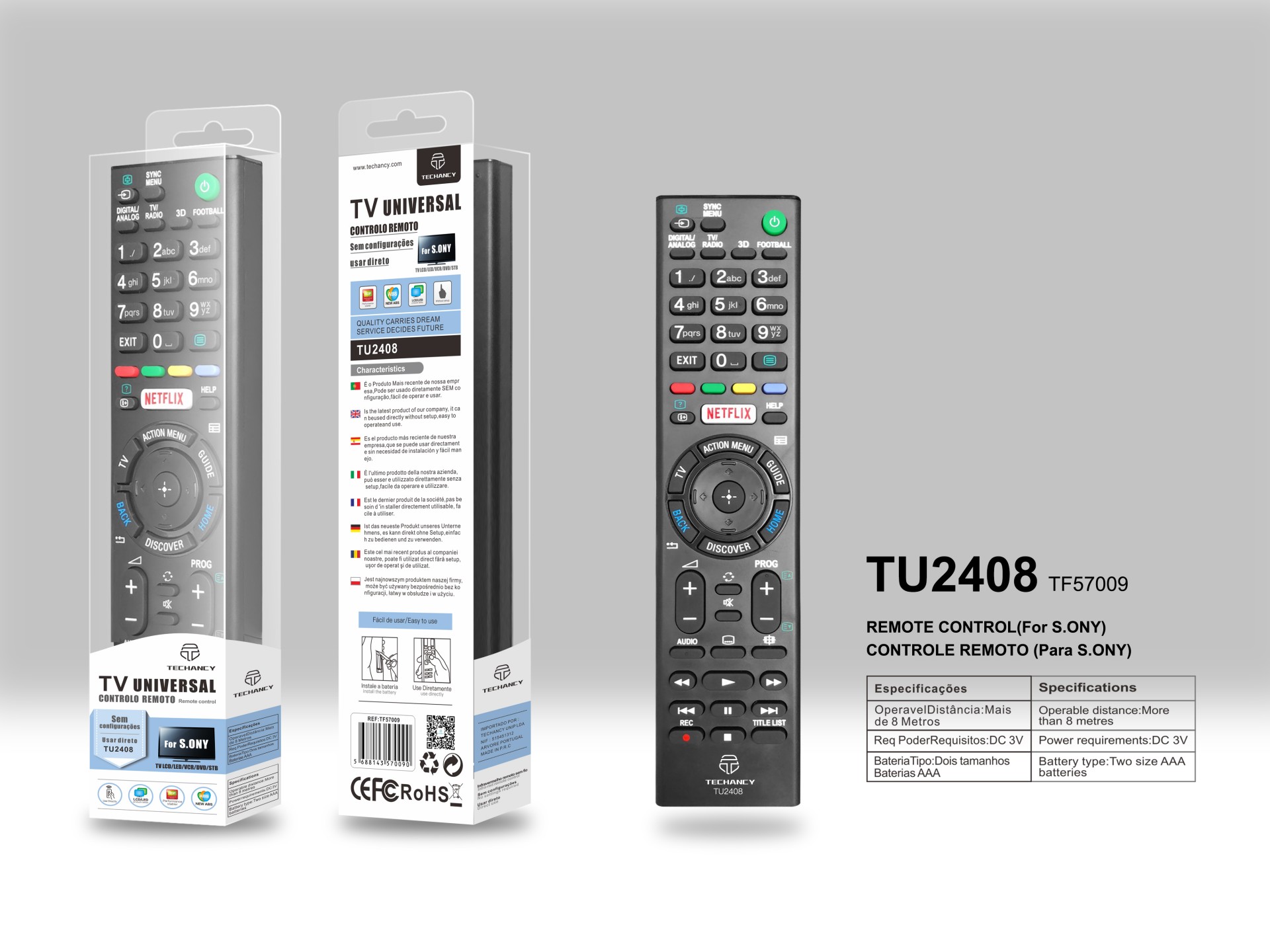 Techancy TV Wireless Remote Control, TU2408, No Setup Required Remote Control for Sony TVs, Black