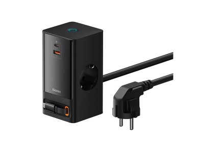 Estacin de carga Baseus PowerCombo de 65 W, 1,5 m, 2 puertos EU + USB-A + USB-C + cable USB-C retr