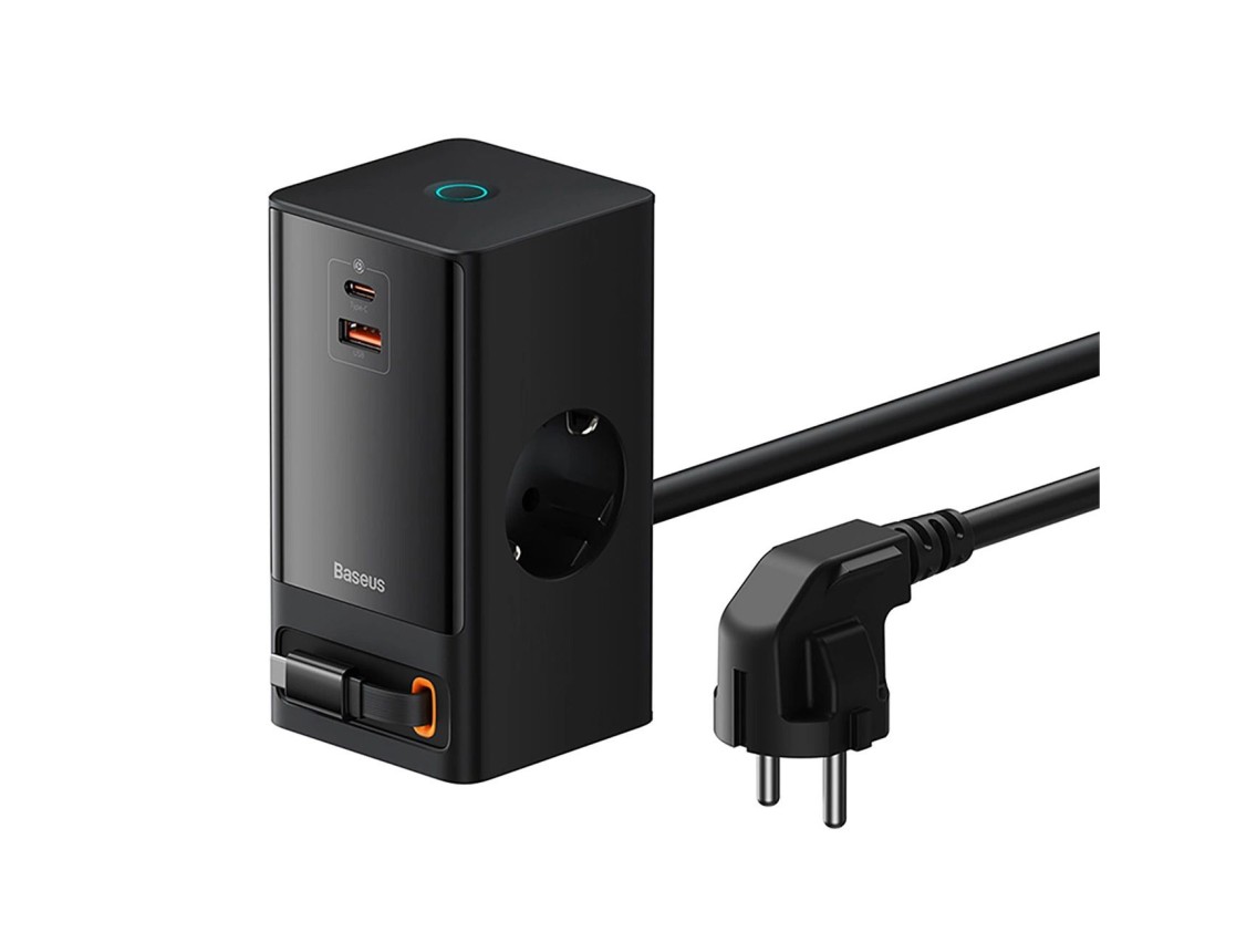 Estación de carga Baseus PowerCombo de 65 W, 1,5 m, 2 puertos EU + USB-A + USB-C + cable USB-C retrá