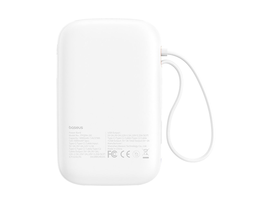 Baseus QPow 2 30W 10000mAh Power Bank with Built-in USB-C Cables - White