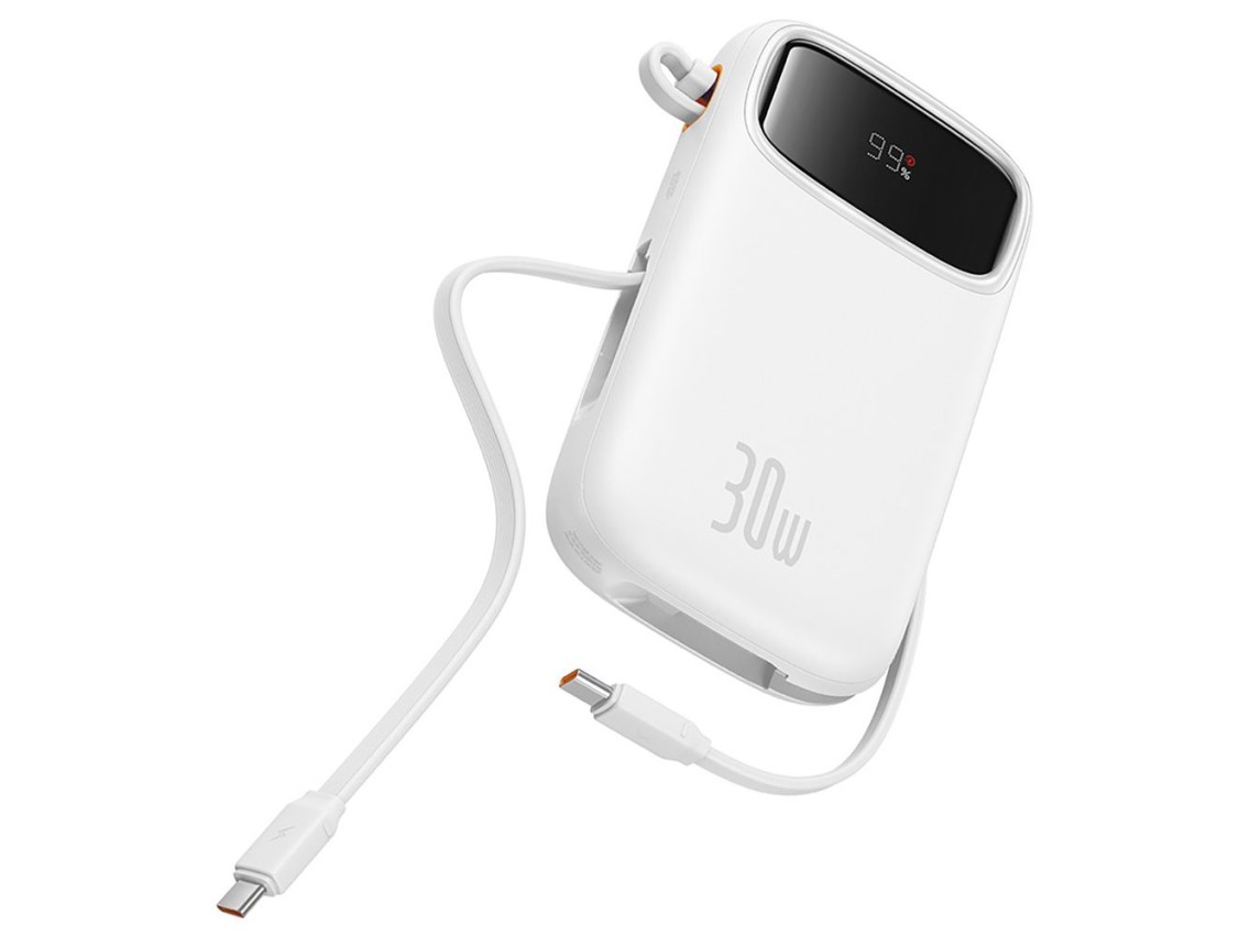 Baseus QPow 2 30W 10000mAh Power Bank with Built-in USB-C Cables - White