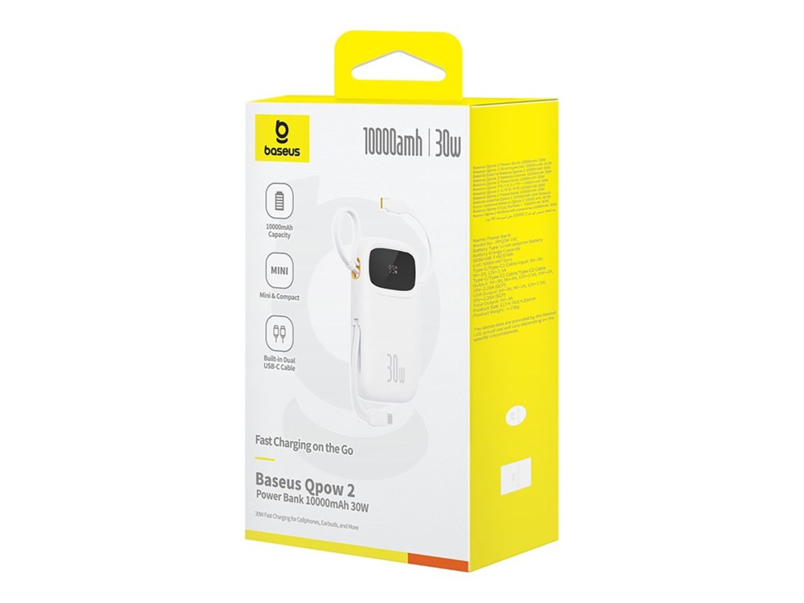 Baseus QPow 2 30W 10000mAh Power Bank with Built-in USB-C Cables - White