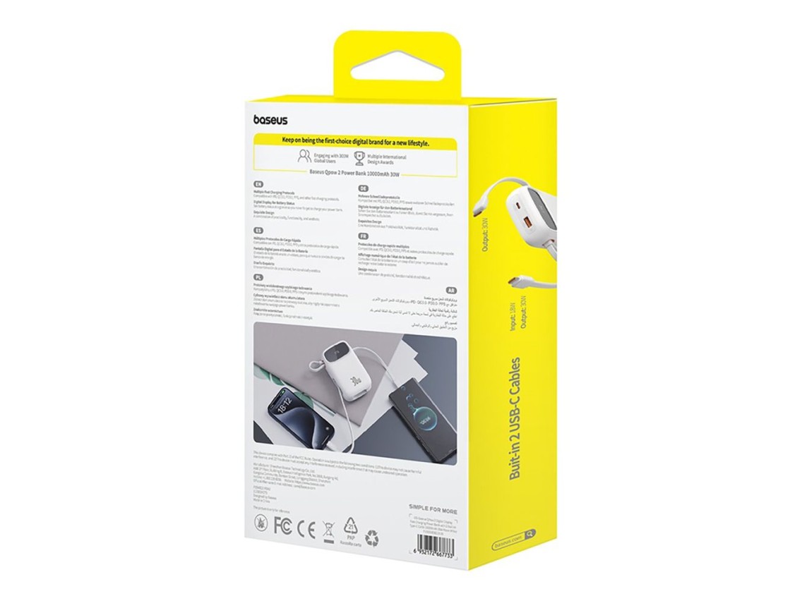 Baseus QPow 2 30W 10000mAh Power Bank with Built-in USB-C Cables - White