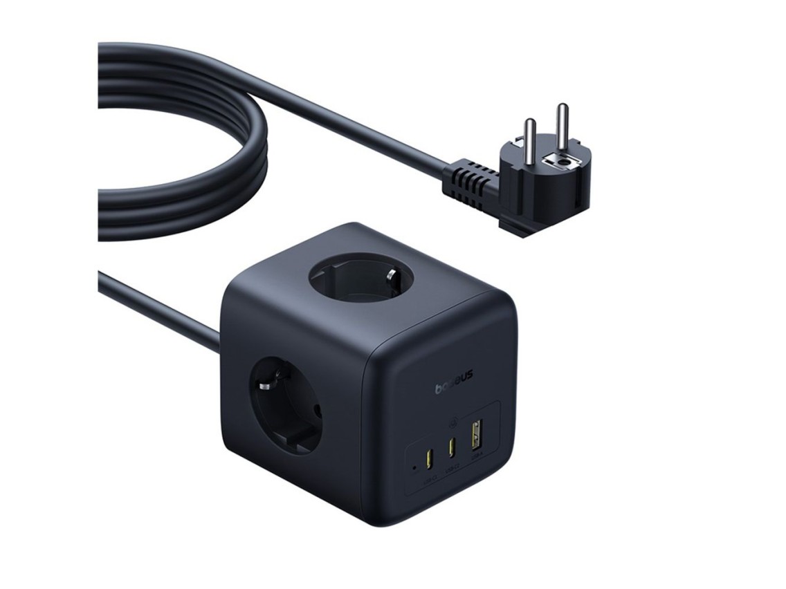 Filtro de linha Baseus EnerFill FA11 67 W, cubo USB-A + USB-C + 3 soquetes UE de 1,5 m - Preto