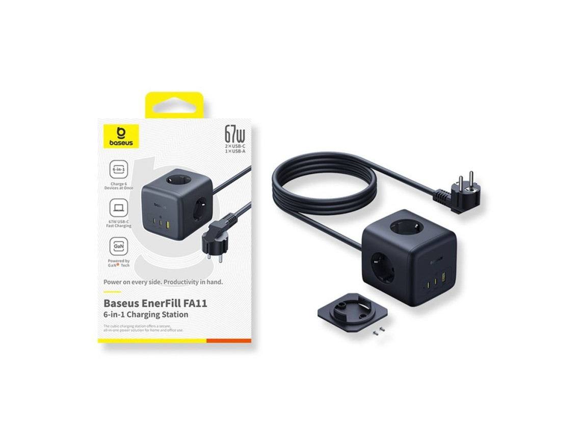 Filtro de linha Baseus EnerFill FA11 67 W, cubo USB-A + USB-C + 3 soquetes UE de 1,5 m - Preto