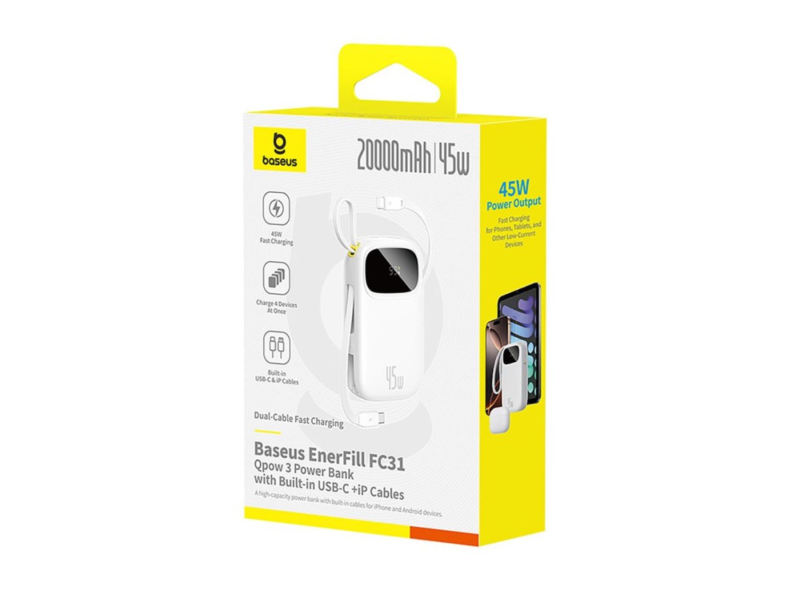 Powerbank Baseus EnerFill FC31 de 20000 mAh y 45 W con pantalla digital y 2 cables integrados (USB-