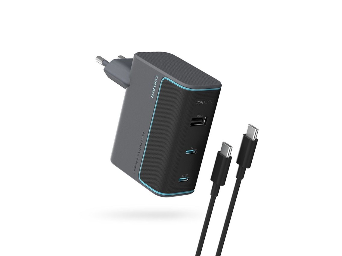 Cuktech CUKAD1003EUG GaN 100W Wall Charger 2 x USB-C 1 x USB-A with USB-C Cable - Gray