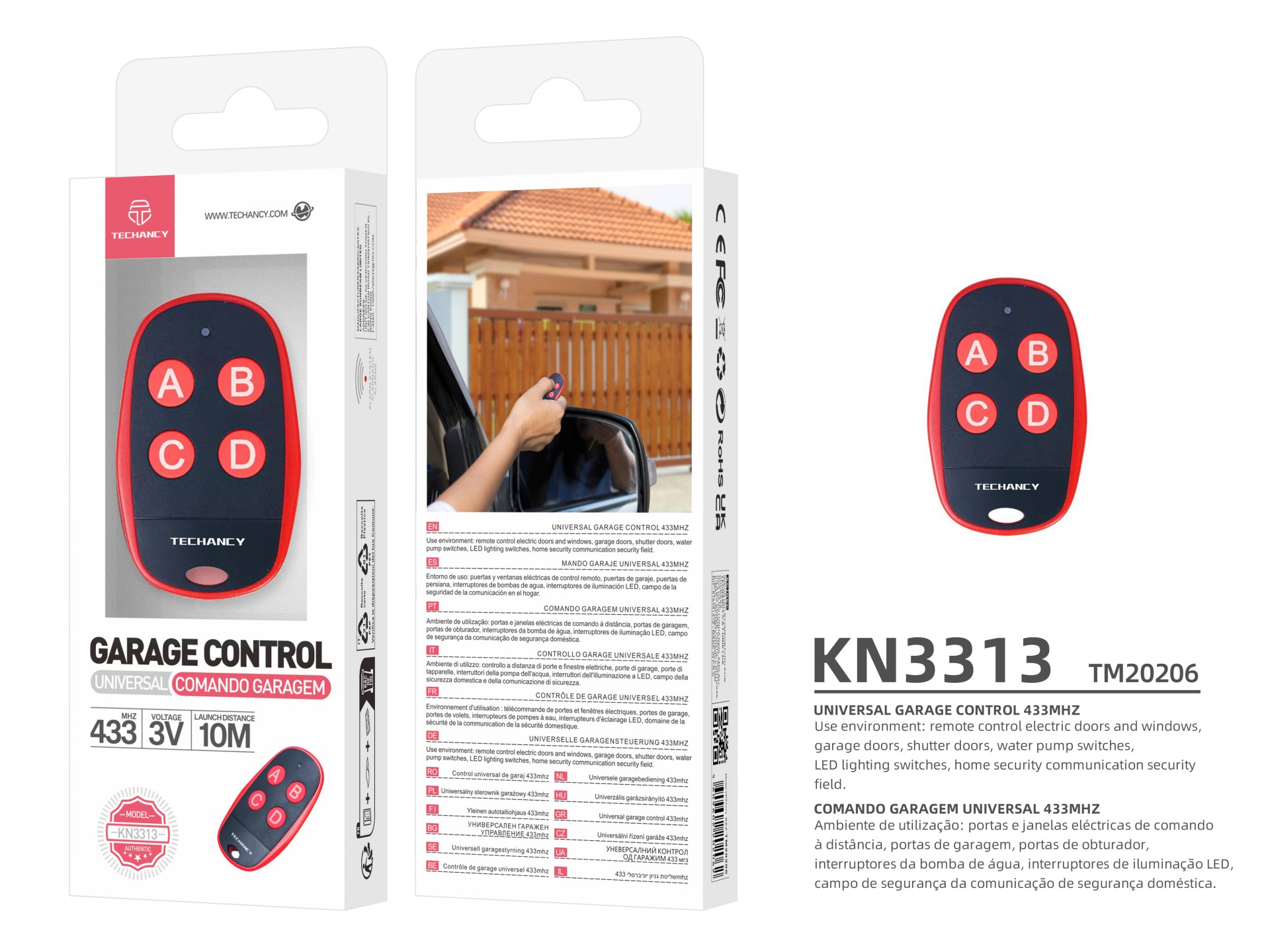 Techancy Comando Garagem Universal KN3313 433MHz Controle para Portas de Garagem Eletricas e Automat
