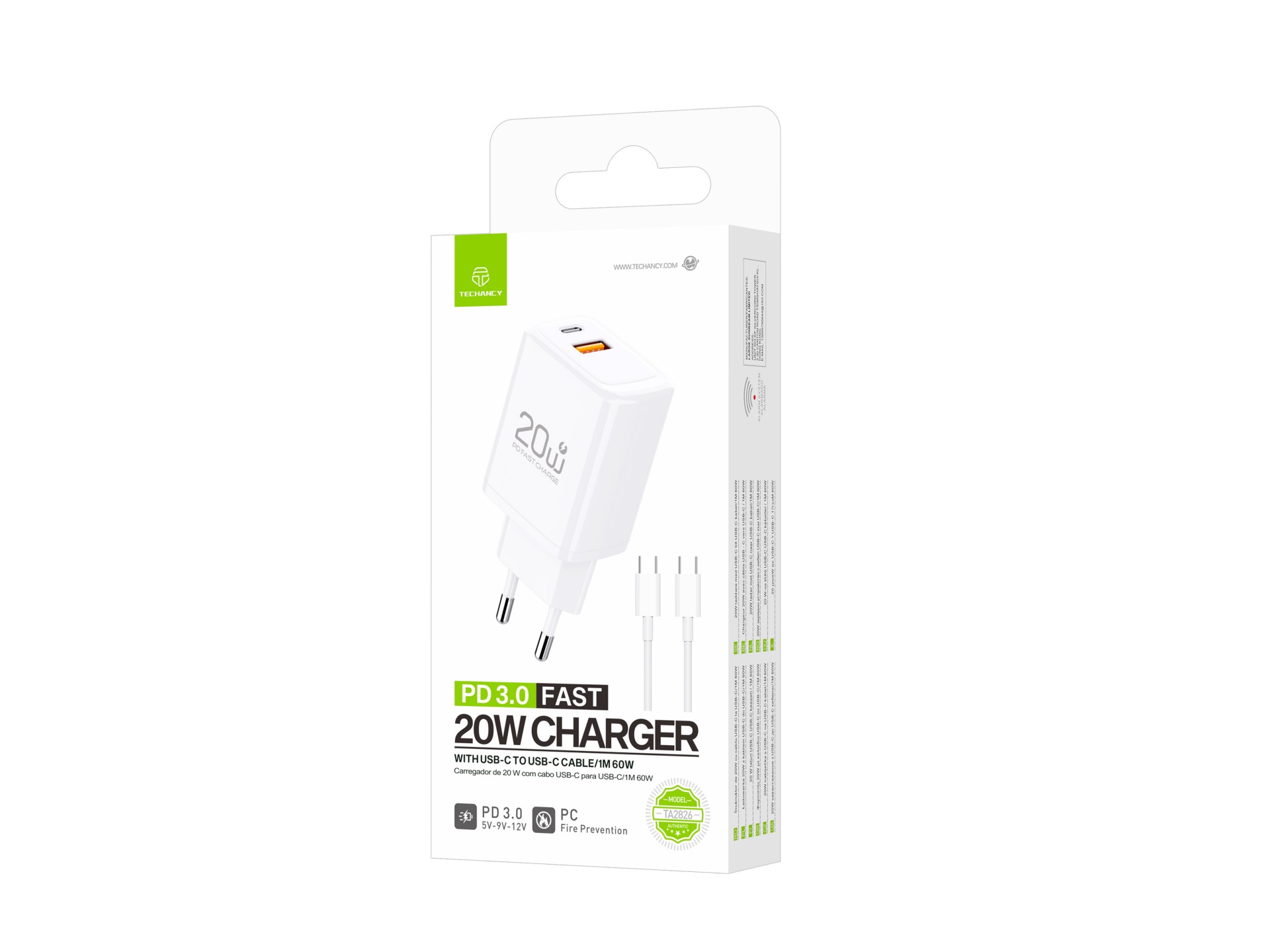 Techancy Rapid Charger 20W PD3.0 Dual Port USB-C+USB-A Cable 1m 60W For iPhone/Samsung/Tablet Safe a