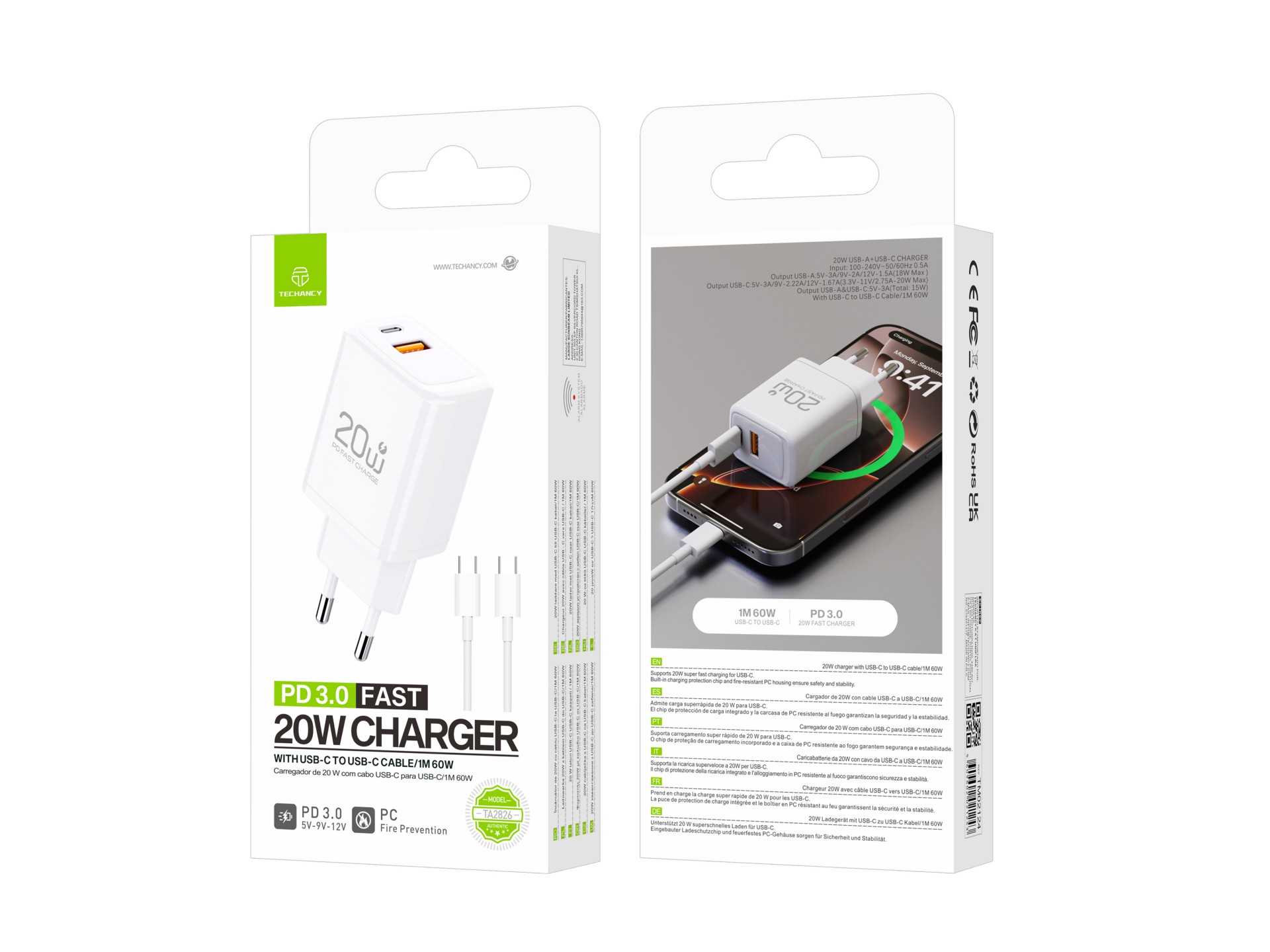 Techancy Rapid Charger 20W PD3.0 Dual Port USB-C+USB-A Cable 1m 60W For iPhone/Samsung/Tablet Safe a