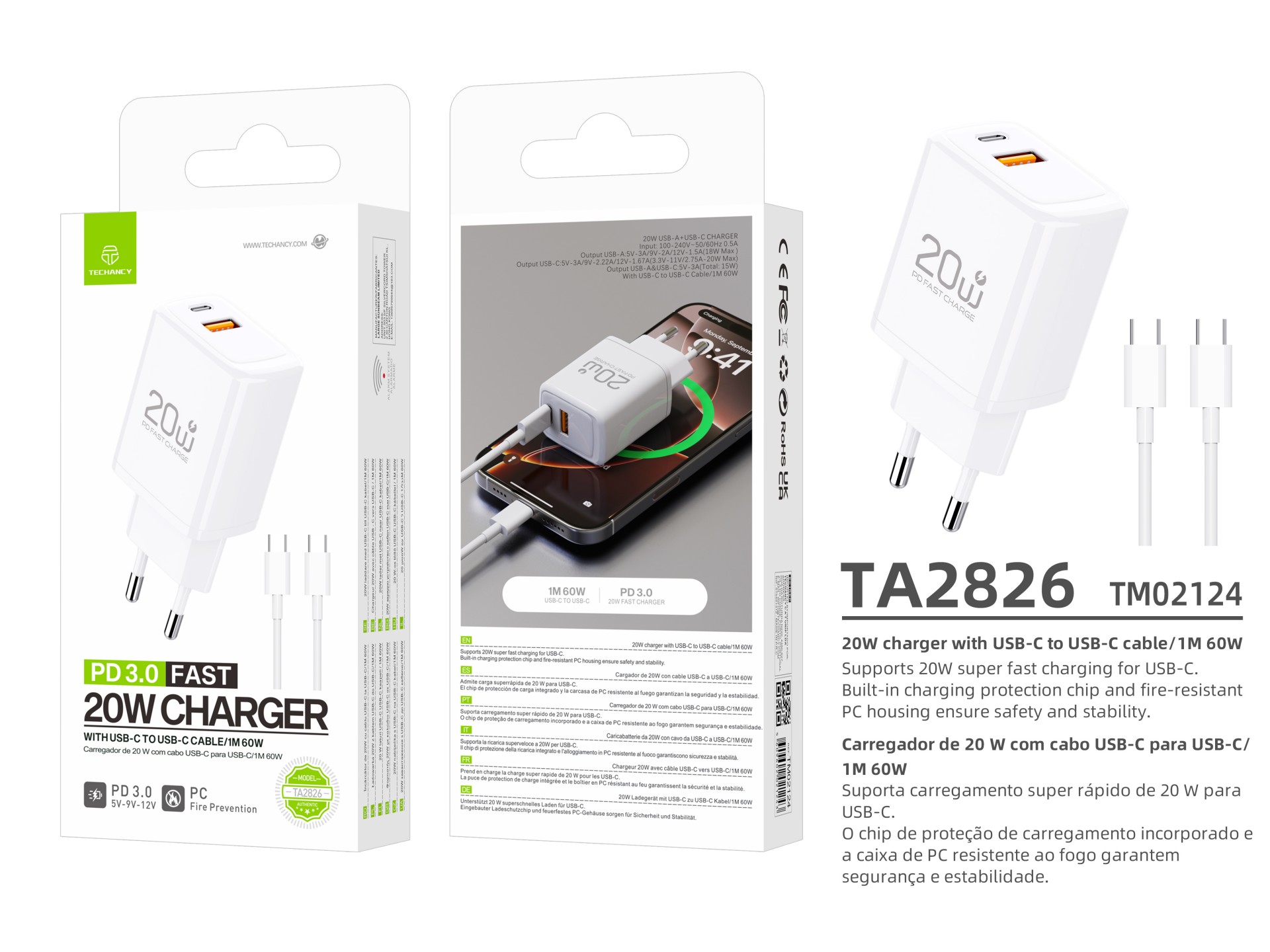 Techancy Rapid Charger 20W PD3.0 Dual Port USB-C+USB-A Cable 1m 60W For iPhone/Samsung/Tablet Safe a