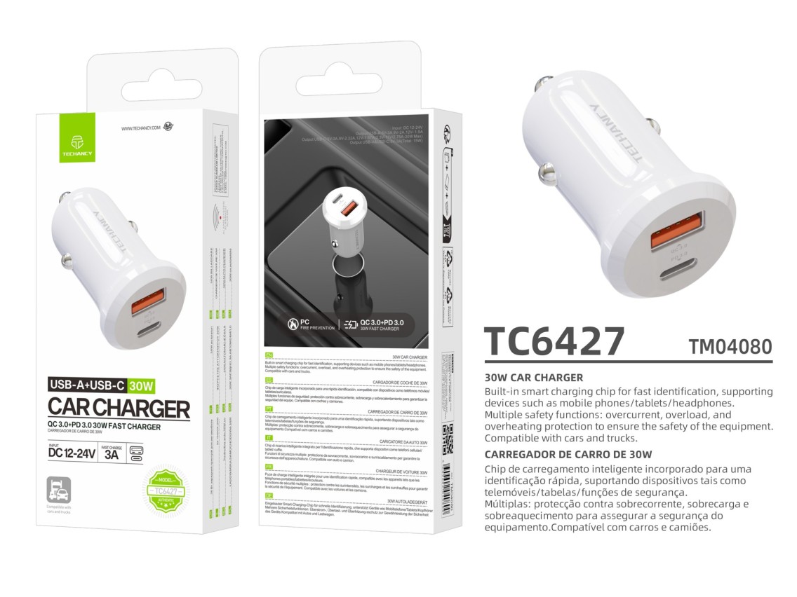 Techancy Car Charger 30W TC6427 USB-A+USB-C Fast Charging QC3.0 PD3.0 Compatible with Mobile Phones