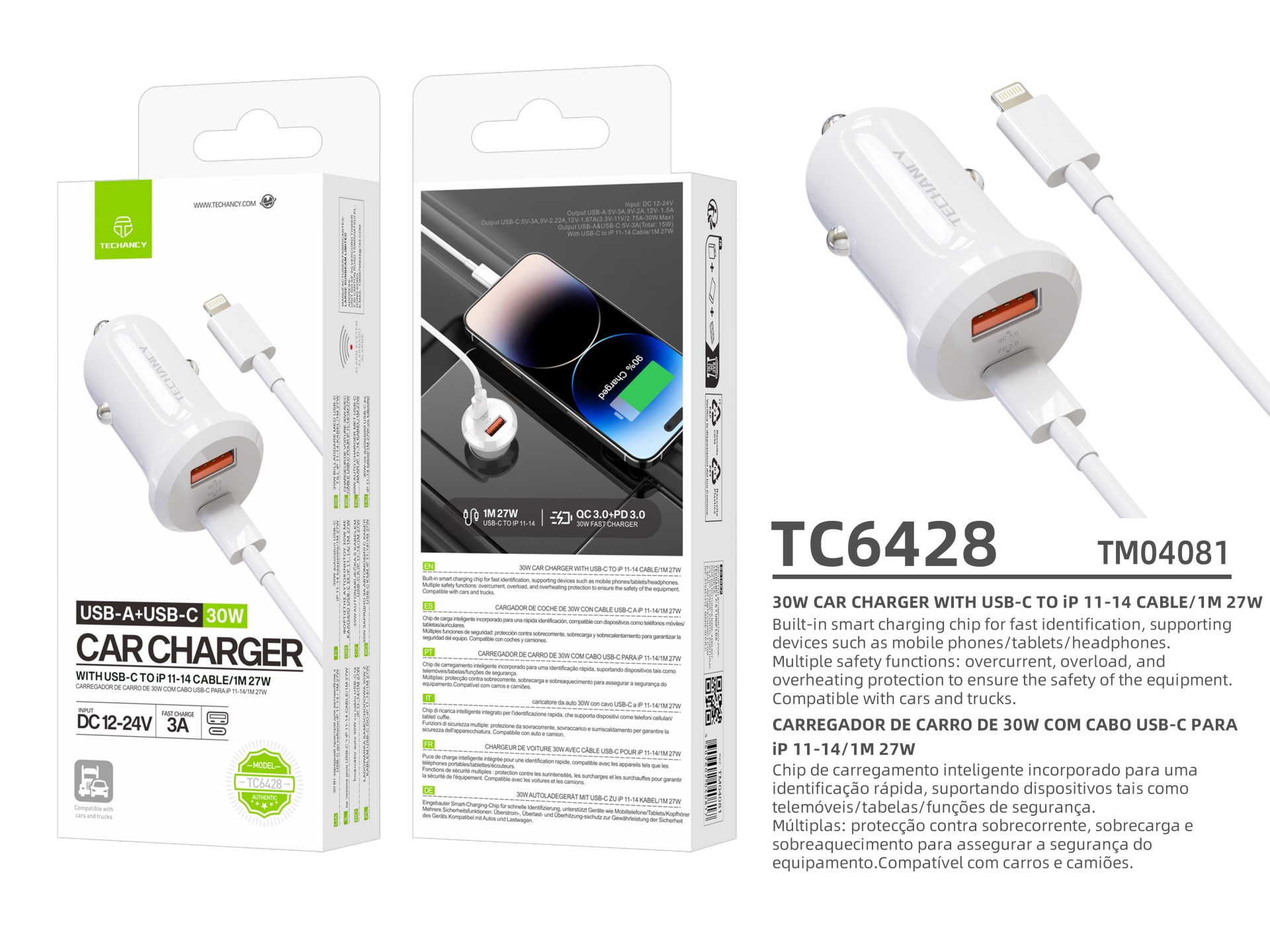 Techancy TC6428 30W USB-A+USB-C Car Charger with 1m USB-C to Lightning PD3.0 QC3.0 12-24V Cable