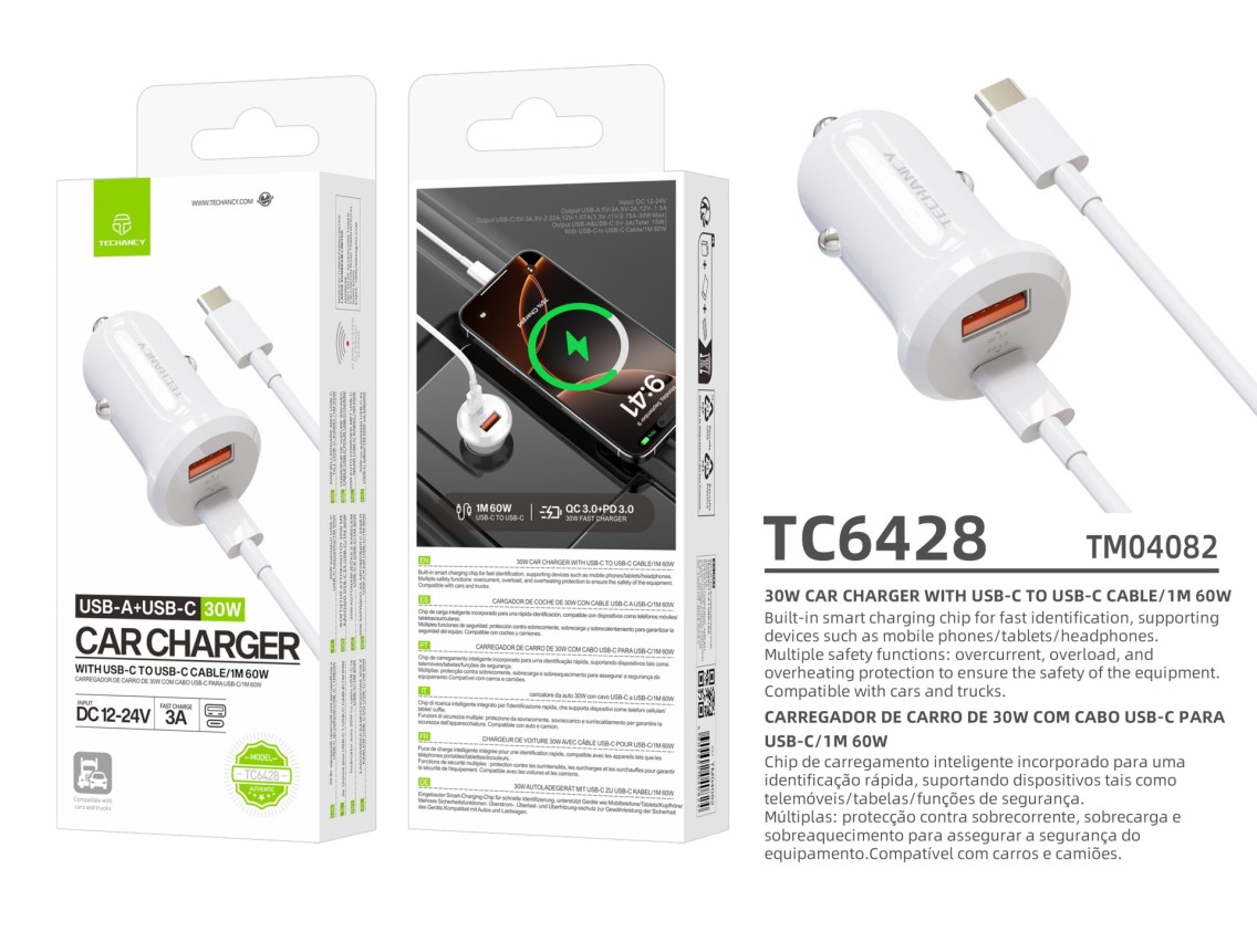 Techancy 30W Charger TC6428, USB-C Cable, Fast Charge, Multiple Protection, Compatible with Vehicles
