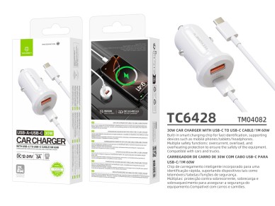 Techancy 30W Charger TC6428, USB-C Cable, Fast Charge, Multiple Protection, Compatible with Vehicles
