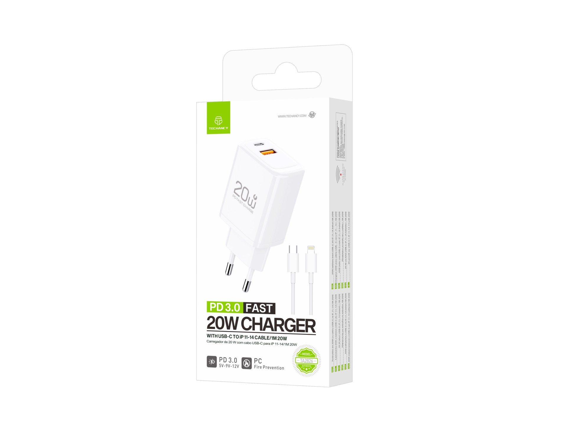 Techancy Carregador TA2826 PD3.0 20W com Duas Portas USB-C e Cabo Lightning Compativel com iPhone 8