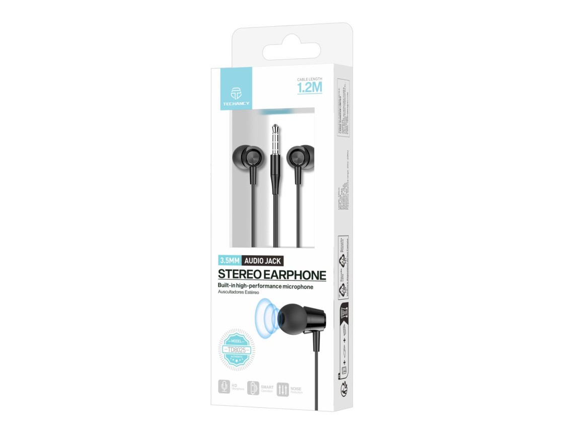 Techancy TD8025 In-Ear Headphones 3.5mm Stereo Wire with Microphone 1.2M Cable Noise Cancelling HD S