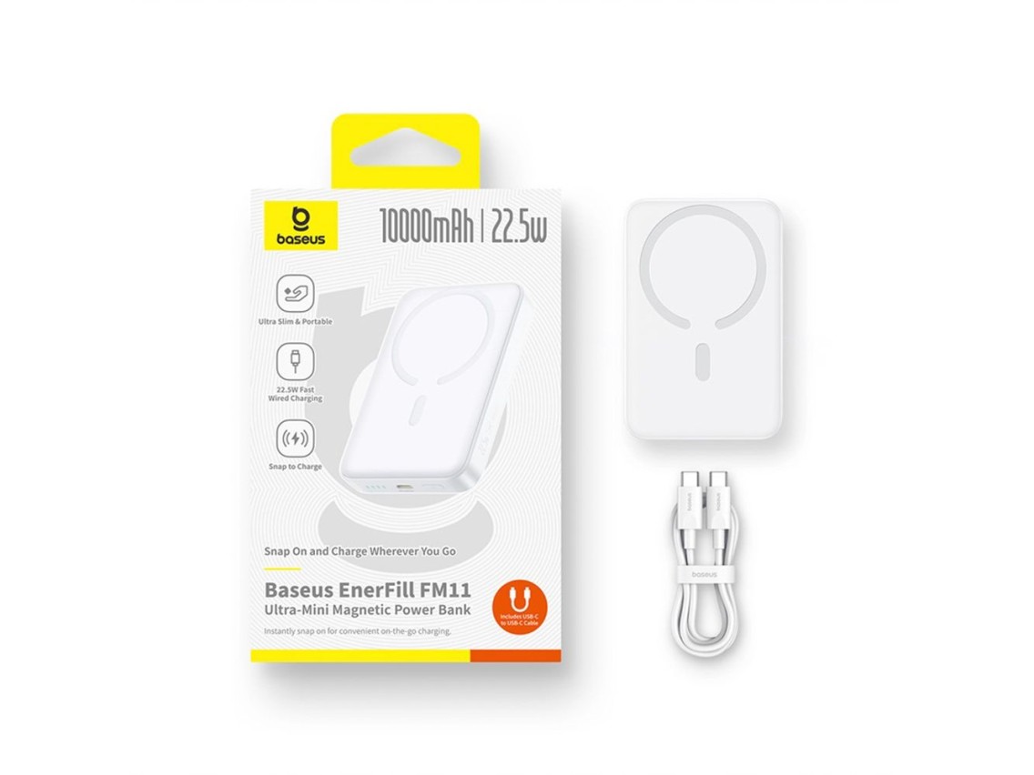 Baseus EnerFill FM11 Ultra-Mini 10000mAh 22.5W MagSafe Compatible Power Bank com cabo Baseus Simple 