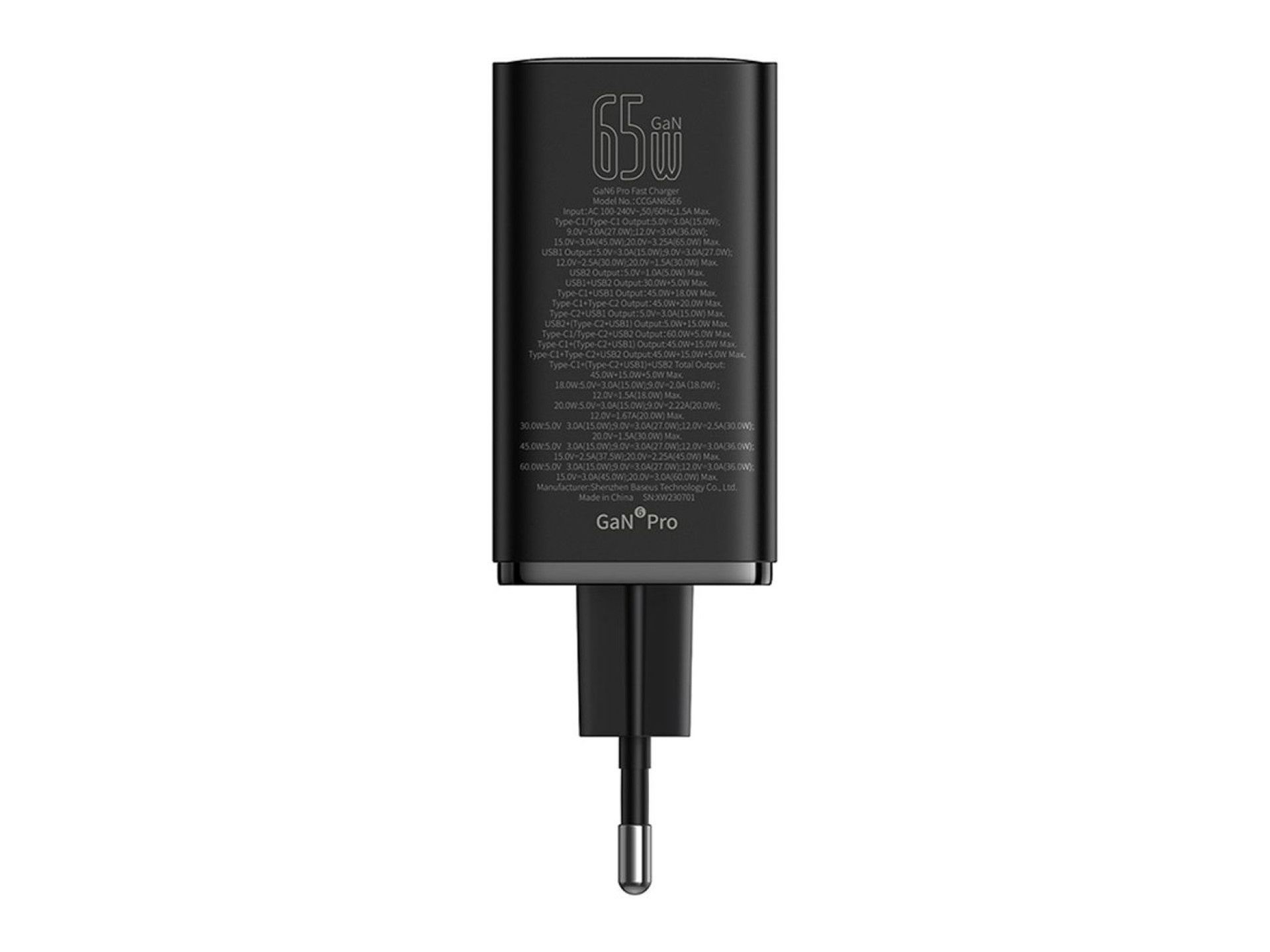 Baseus GaN6 Pro Charger 65W 2 x USB-C 2 x USB-A with Black USB-C Cable 100W 1m - Black