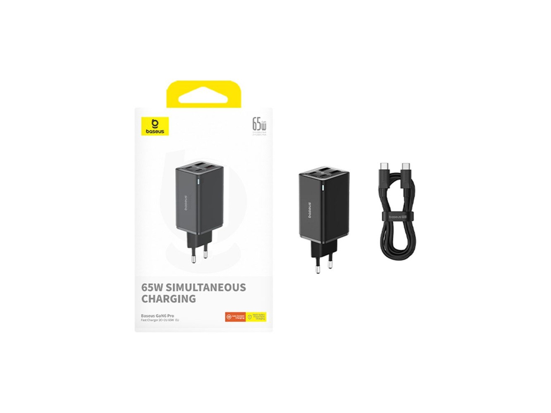 Baseus GaN6 Pro Charger 65W 2 x USB-C 2 x USB-A with Black USB-C Cable 100W 1m - Black
