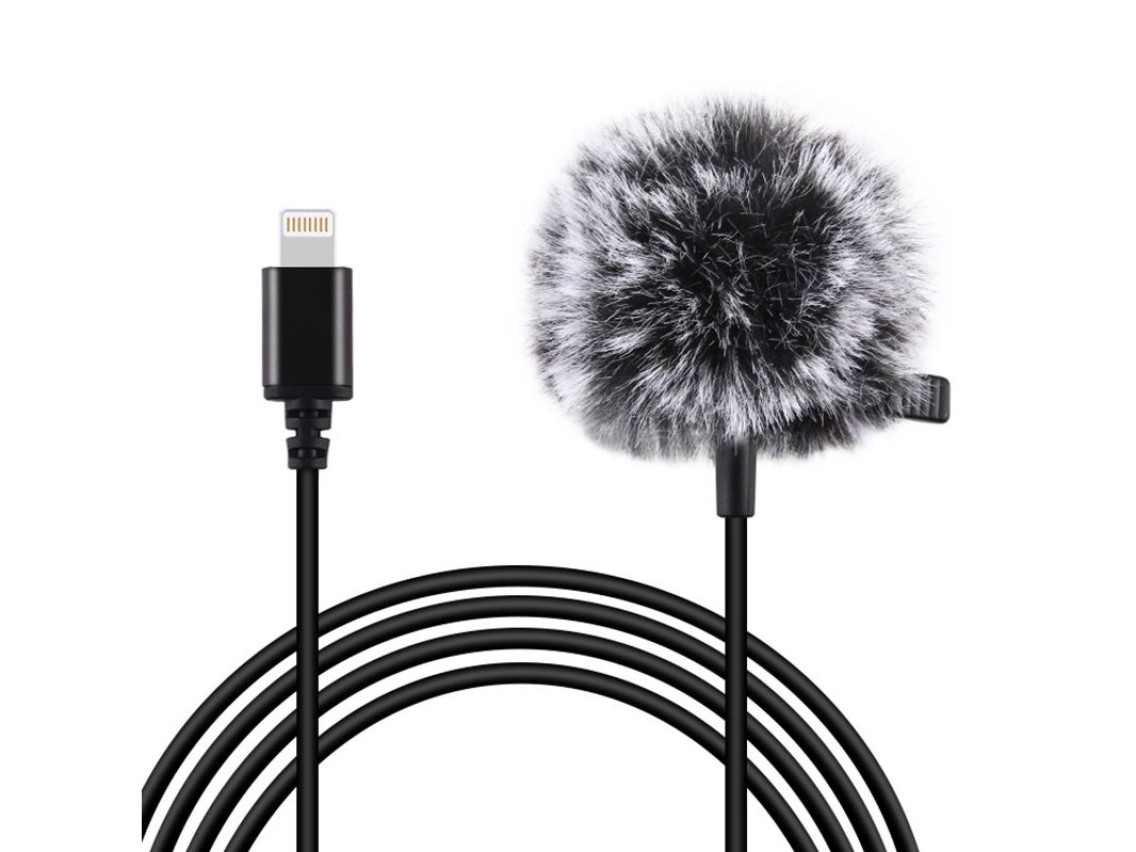 Microfone de lapela Jack Puluz com clipe PU426, cabo de 1,5 m e conector Lightning de 3,5 mm.