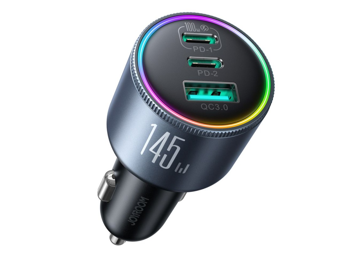 Carregador veicular Joyroom JR-CCN07 de 145 W com 2 portas USB-C e USB-A + cabo USB-C de 100 W - Cin