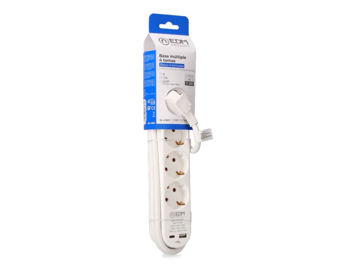Extension lead with 4 2 p+e schuko sockets, with switch, 2 usb a + c, 16 a 250 v, cable h05vv-f, 3g1