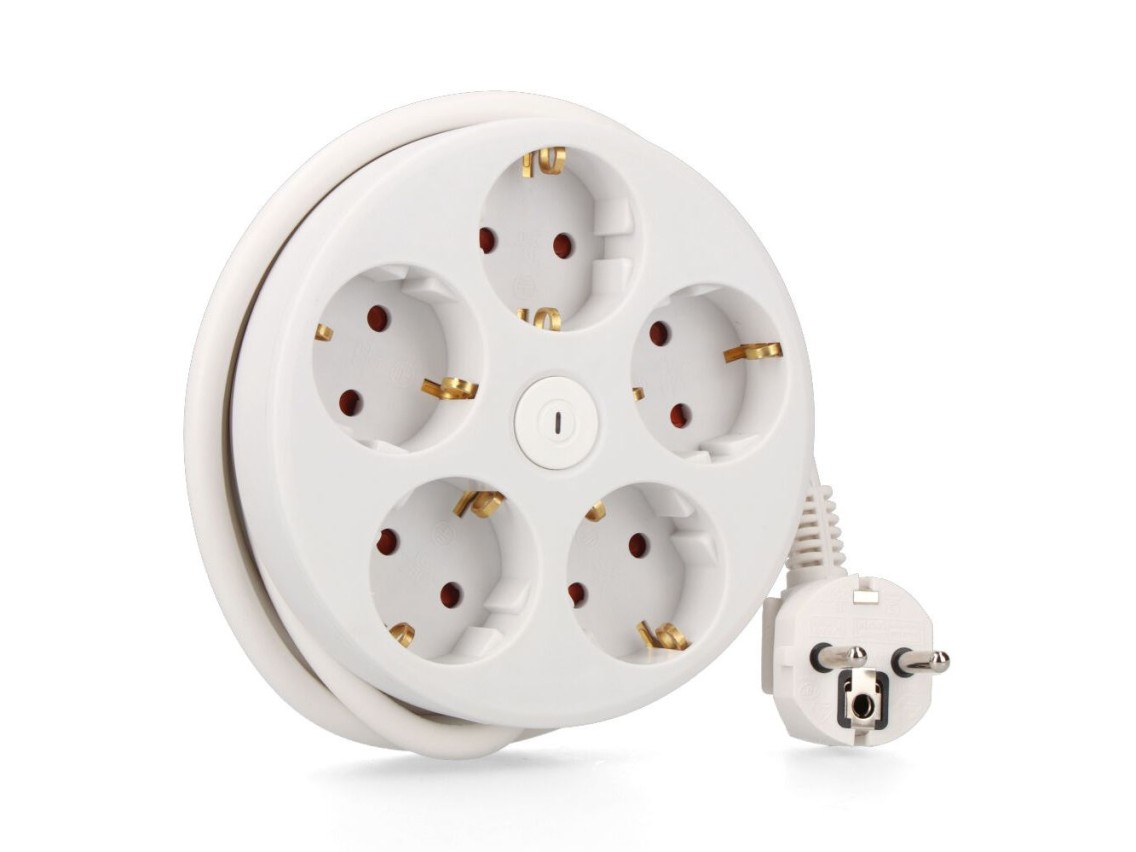 Prolongador redondo con 5 tomas 2p+t schuko, con interruptor, 16 a 250 v, cable h05vv-f 3g1,5mm² de