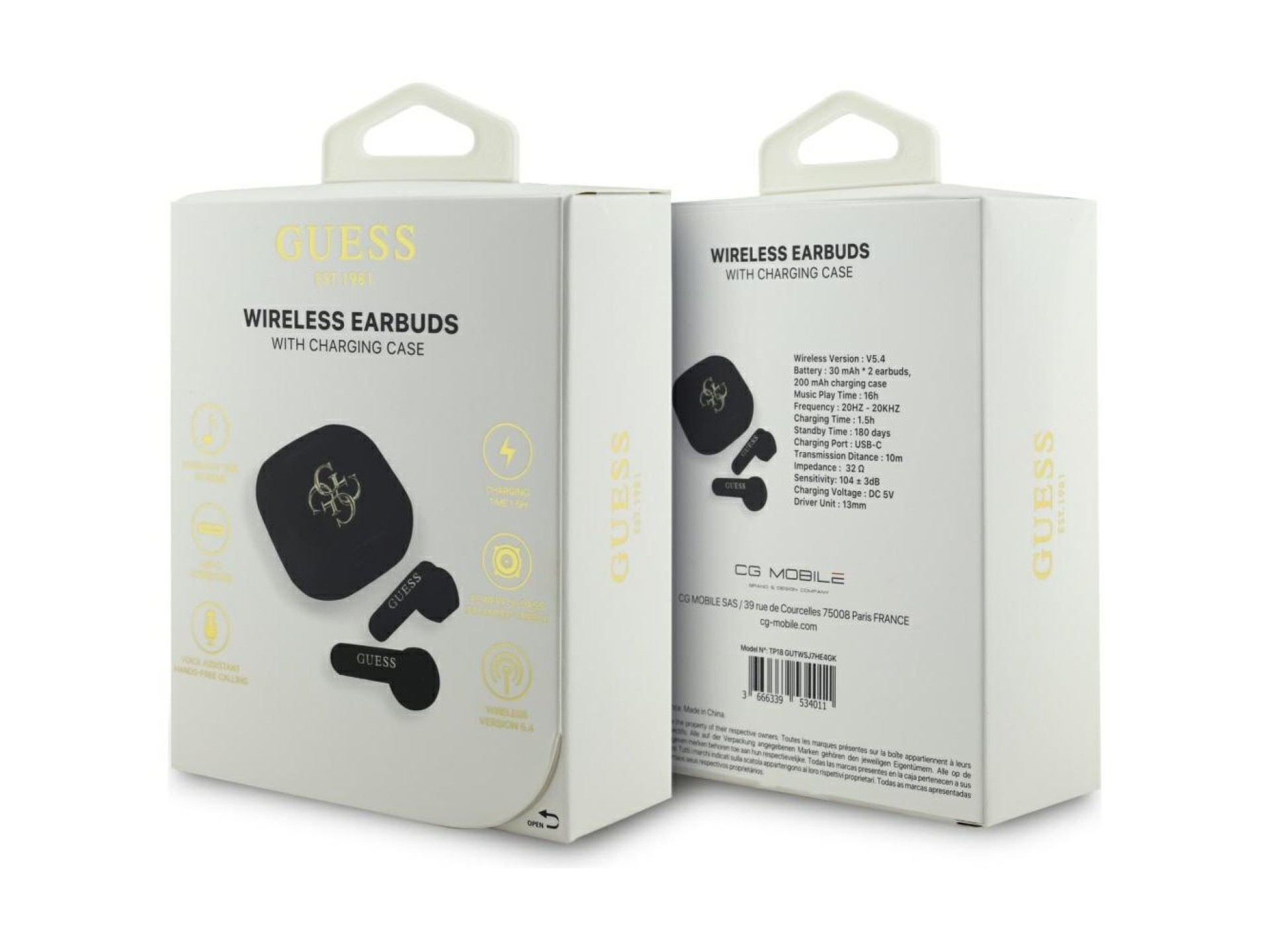 Fones de ouvido sem fio Guess 4G Metal Logo TWS - preto