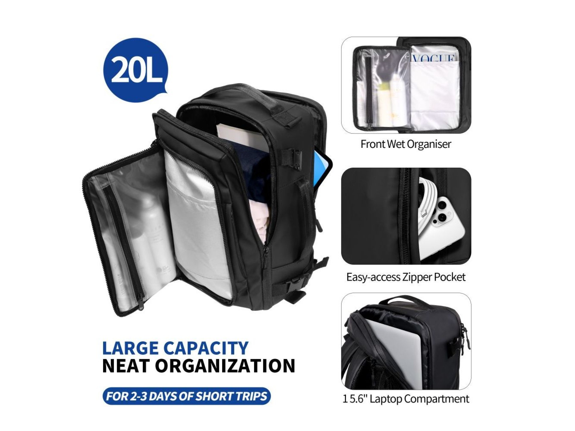 Mochila Tech-Protect Defender S50 para Ryanair y Wizzar, para portátil de 20 L - Negra