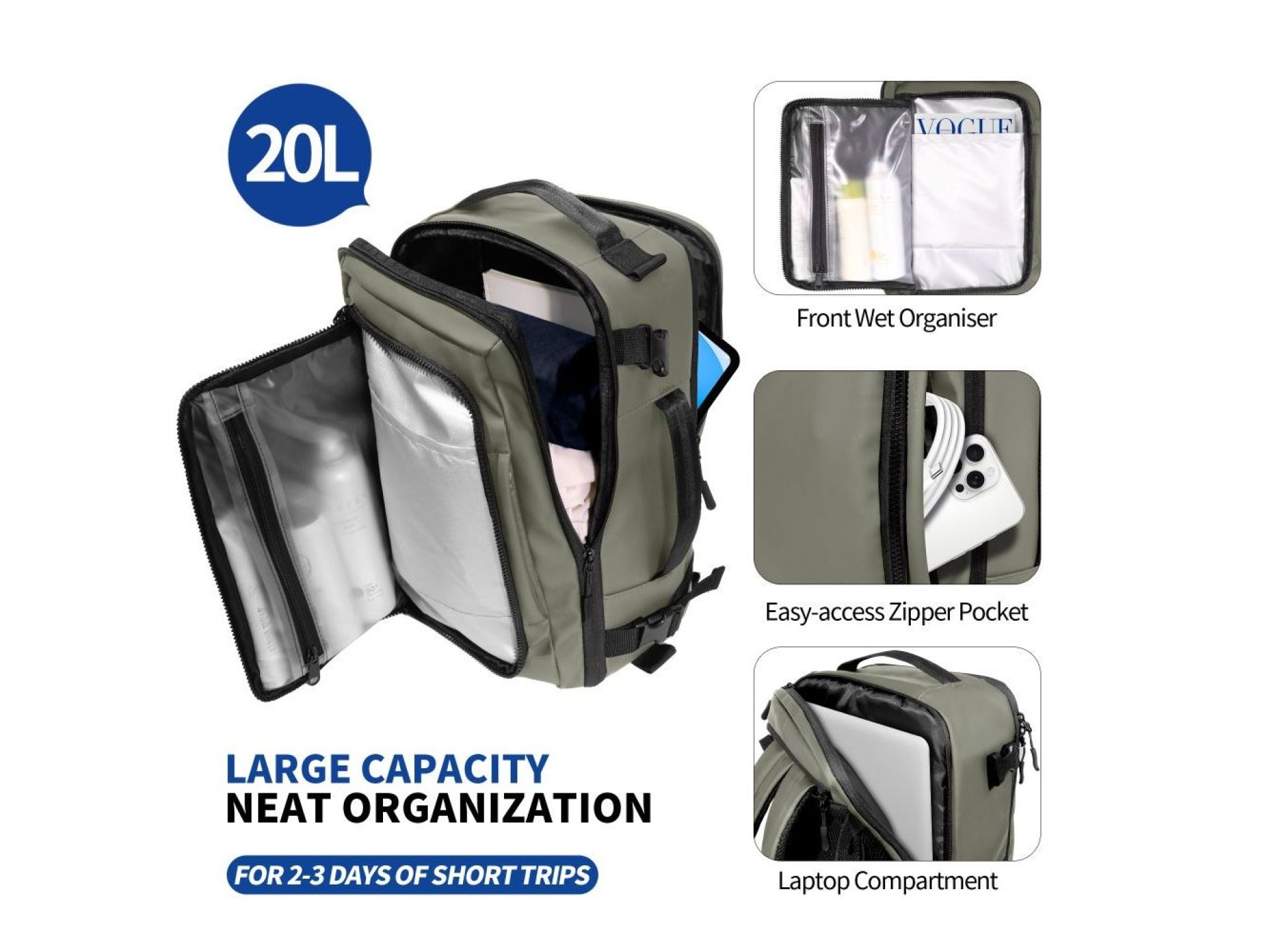 Mochila Tech-Protect Defender S50 para Ryanair y Wizzar, portátil de 20 L - Oliva