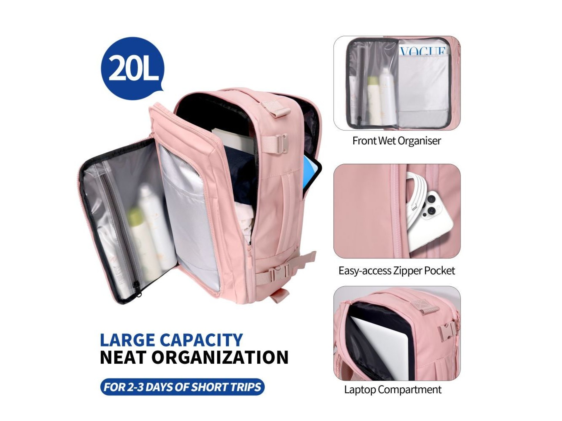 Mochila Tech-Protect Defender S50 para Ryanair e Wizzar, para laptop de 20L - Rosa