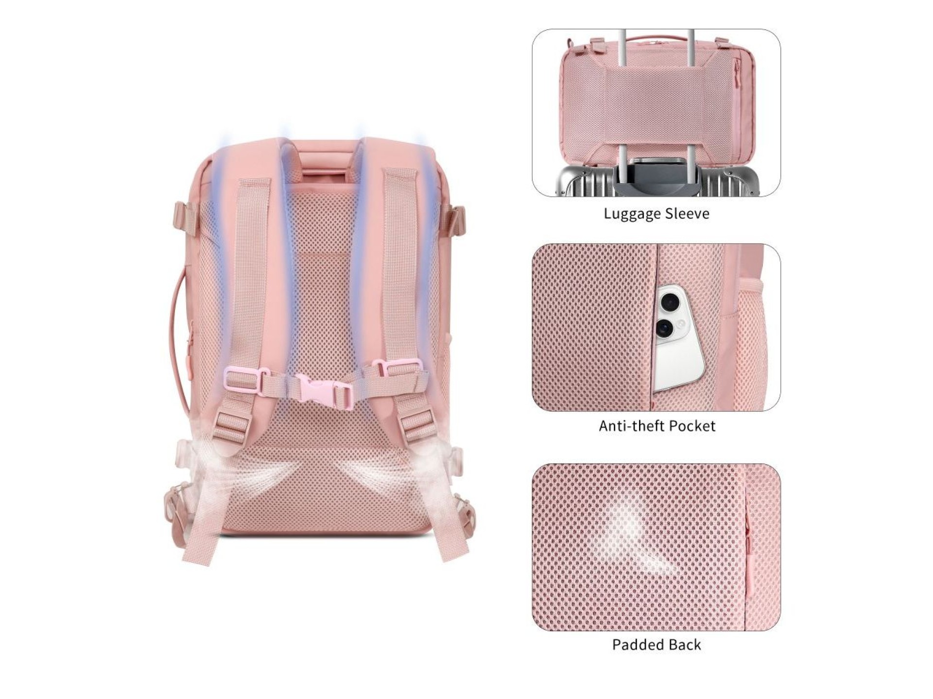 Mochila Tech-Protect Defender S50 para Ryanair e Wizzar, para laptop de 20L - Rosa