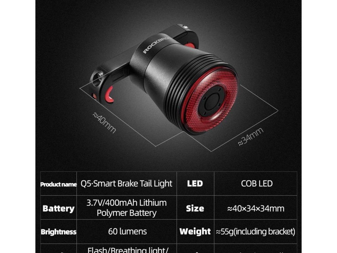 Rockbros Q5 Rear Bike Light with Intelligent Stop System - Black