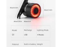 Luz traseira para bicicleta Rockbros Q3 com sistema Smart Stop - Preto Luz traseira para bicicleta Rockbros Q3 com sistema Smart Stop - Preto