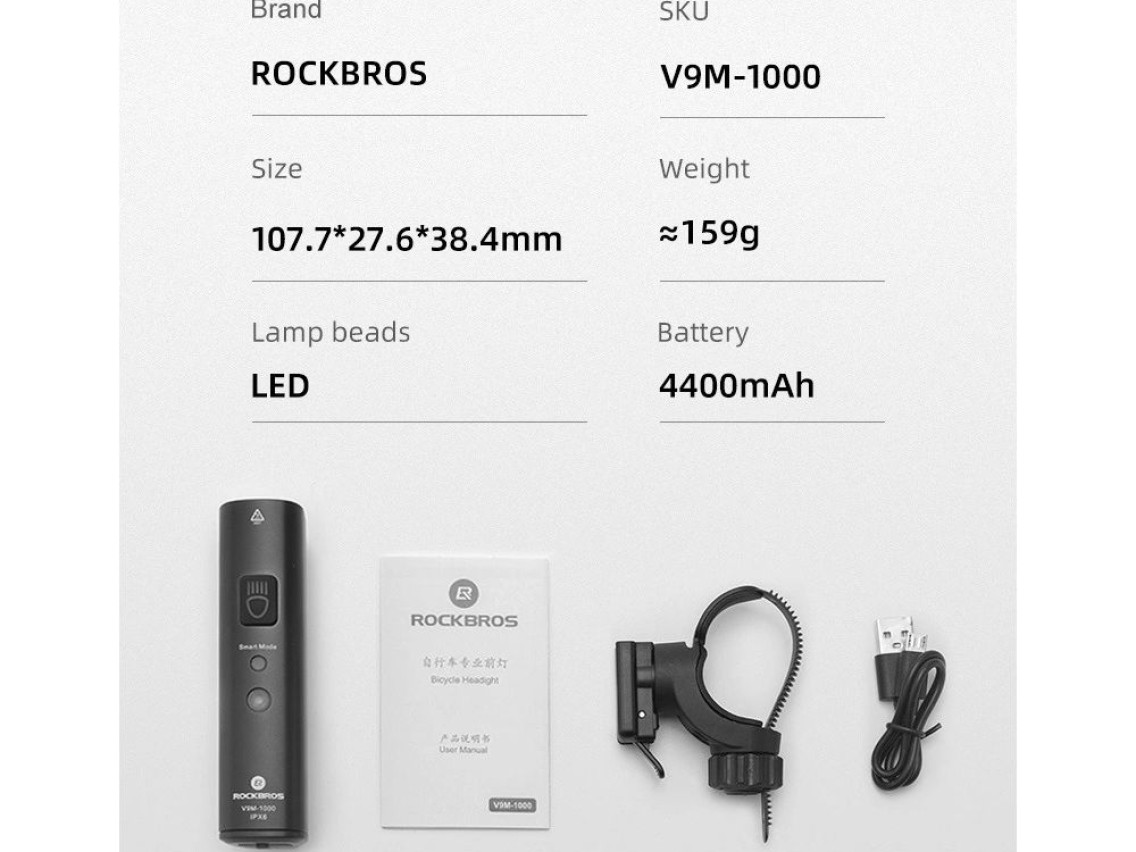 Luz frontal de bicicleta Rockbros V9M-1000 1000lm - preta