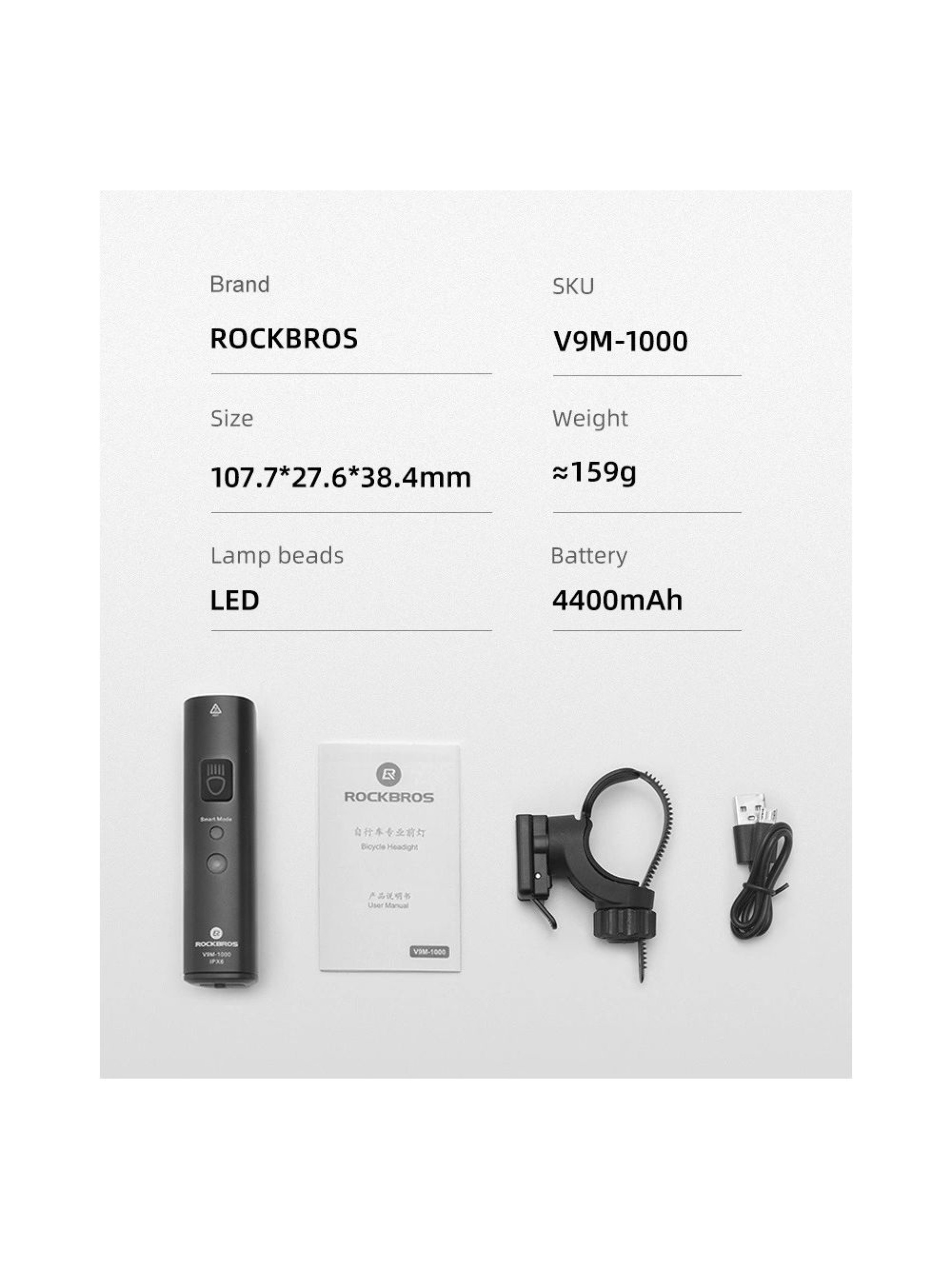 Luz frontal de bicicleta Rockbros V9M-1000 1000lm - preta
