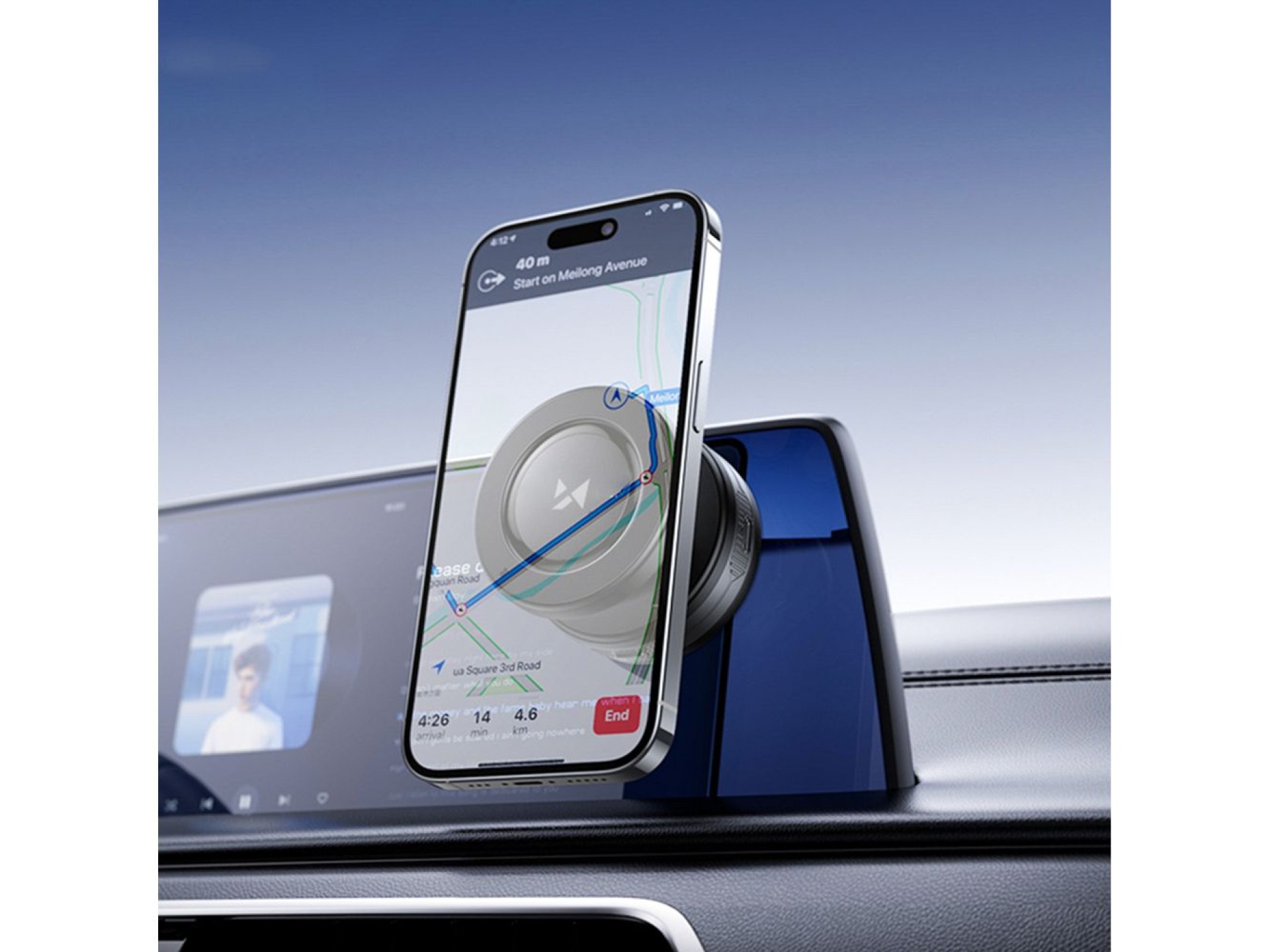 Suporte veicular Wozinsky WUSQ-01 com carregador Qi compatível com MagSafe - Preto